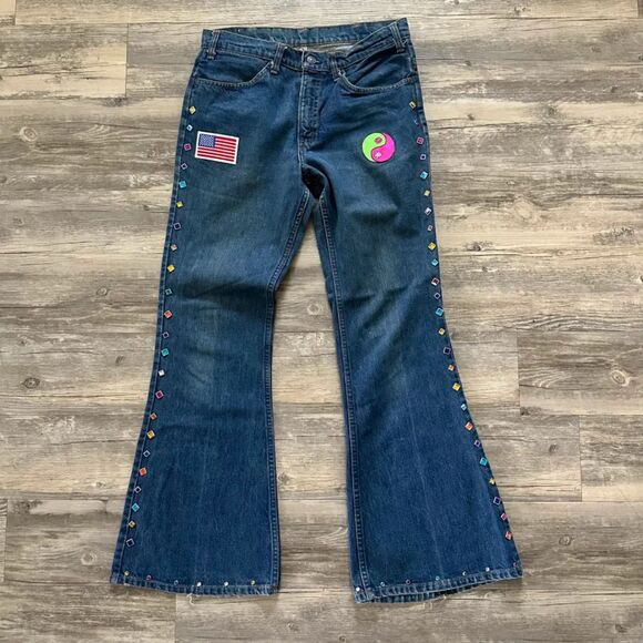 Vintage 70s Hippie Levi's 684 Orange Tab Flared Bell Bottom Denim Jeans 32x32 - Picture 1 of 6